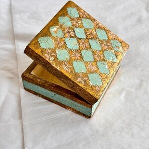 Vintage Italian Florentine Jewelry Trinket Box Gold & Blue Carved Antique Decor